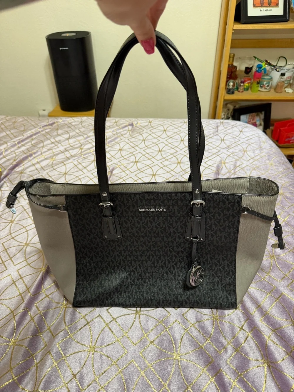 Michael Kors Black & Taupe Logo-Print Tote with MK Charm